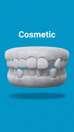 3D dental model showing cosmetic teeth alignment on blue background with "Cosmetic" label